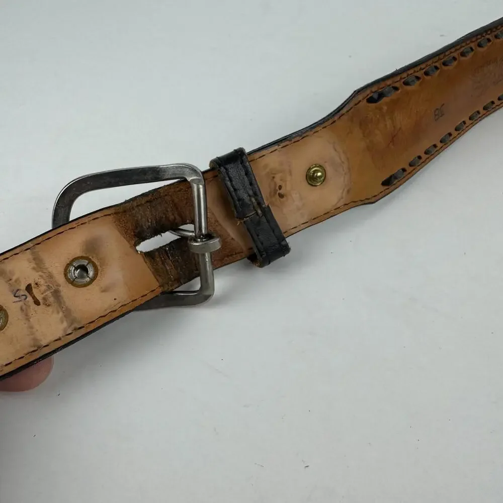 VTG Circle Y Yoakum Hand Made Texas Western Black Leather 38" Cowboy Belt Thick - Picture 7 of 9